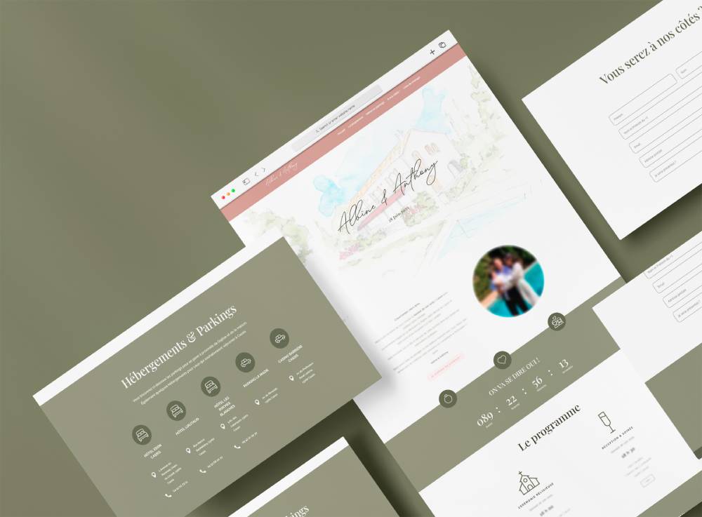 Mockup de création de site de mariage sur-mesure : exemple de site One Page élégant conçu par Evensia.